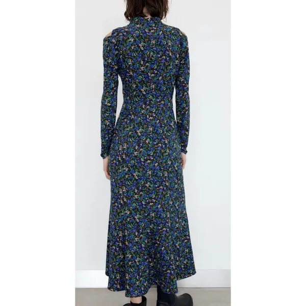 Zara Womens Blue Floral Cold Shoulder Mock Neck‎ Long Sleeve Midi Dress Large - Image 2