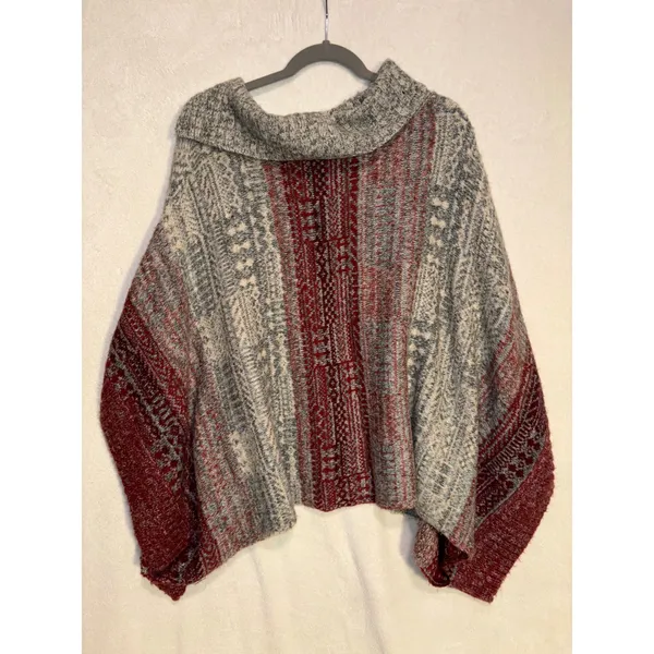 Free People Grey Burgundy Fair Isle Wool Blend Button Collar Poncho‎ Sweater M - Image 8