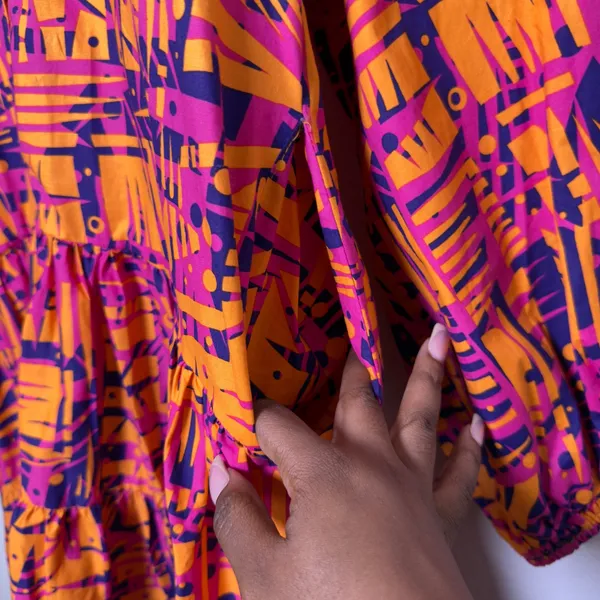 Diyana Women African Print Dress‎ Orange Pink Abstract Tiered Bohemian Artsy - Image 11