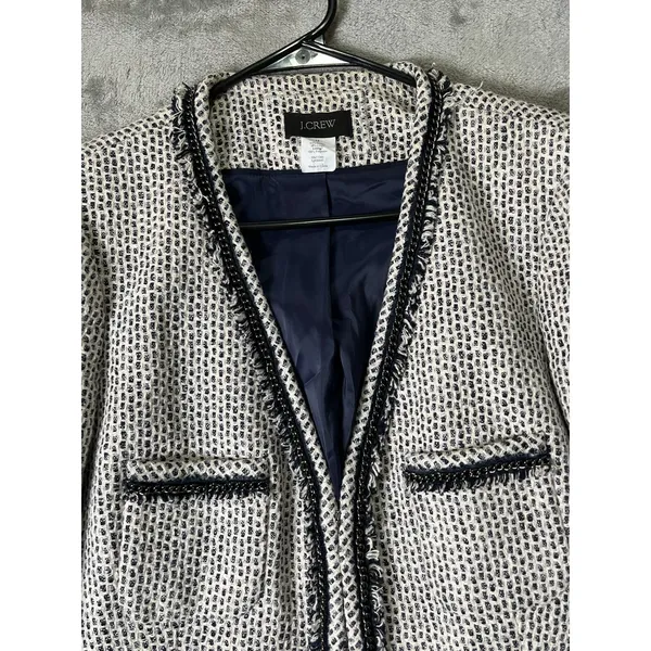 J. Crew Terrazo Tweed Jacket Navy White Linen Blend Chain Fringe Trim 12 Career - Image 2