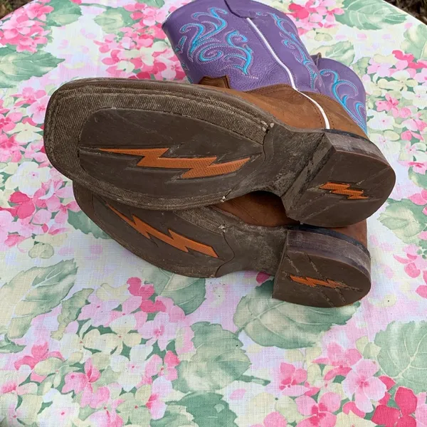 Old West Purple, Blue and Brown Embroidered Cowboy Boots Size 5D - Image 7