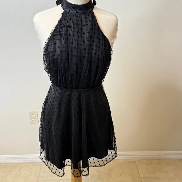 Jacquard Dress Sz 6 Halter Open Back Little Black Goth Evening Party‎ - Image 3