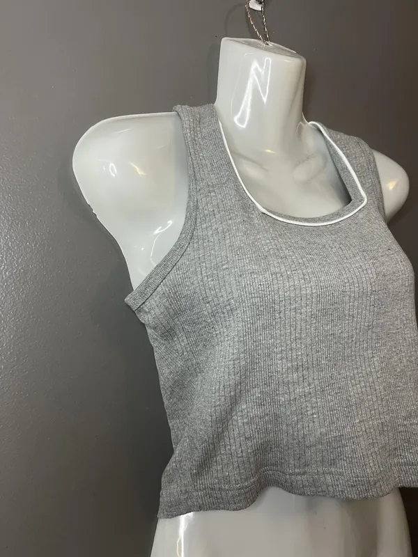 Bravo Tank Top Womens Medium Gray Ribbed Cropped 100% Cotton Shirt Casual - Image 2