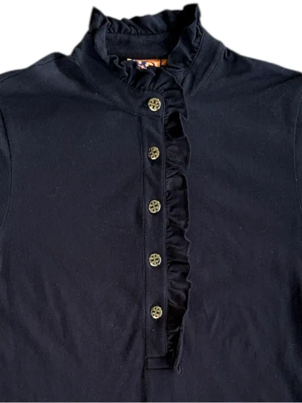Tory Burch Pima Cotton Ruffle Logo Button Top Black Size Small - Image 2