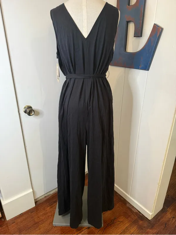 Natori Bliss Essential Cotton black V-Neck Wide-Leg Belted jumpsuit Sz XL - Image 3