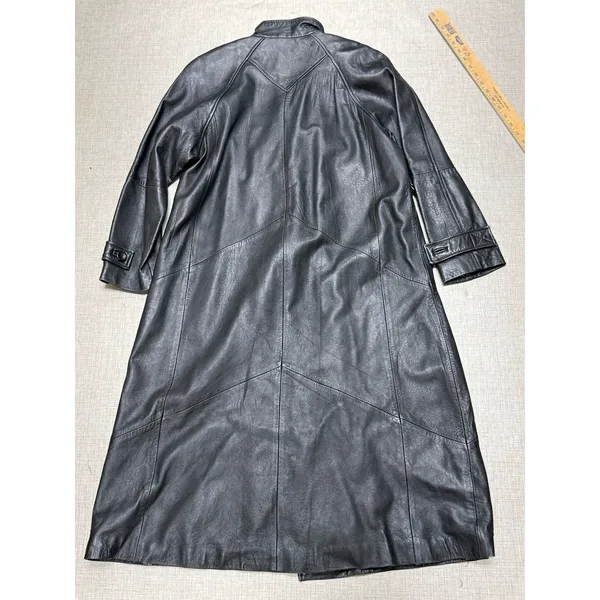 Vintage Black Leather Trench Coat Women Size L Good Longline Matrix Goth‎ - Image 4