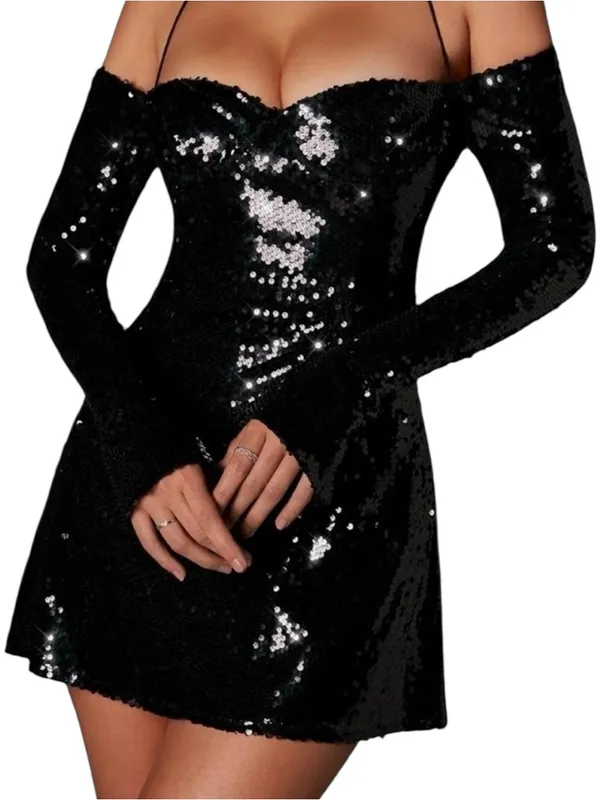 NEW Oh Polly Black Off-Shoulder Sequin Mini Dress Bustier Long sleeve birthday - Image 2