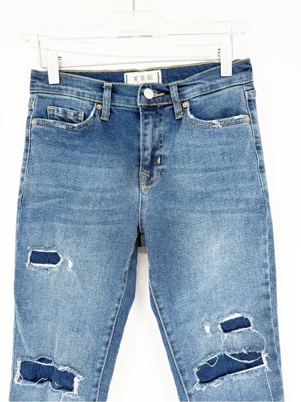 Free People About A Girl Distressed Patchwork Skinny Jeans‎ Women's 26 Blue Boho - Image 5
