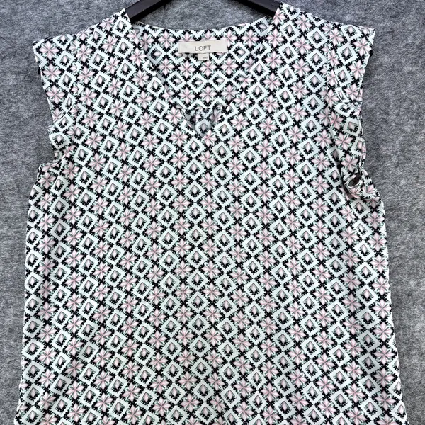 Loft Top White with Black, Pink Green Print. Sleeveless V Neck Size Small - Image 2