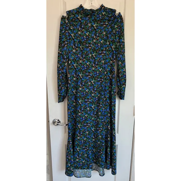 Zara Womens Blue Floral Cold Shoulder Mock Neck‎ Long Sleeve Midi Dress Large - Image 12