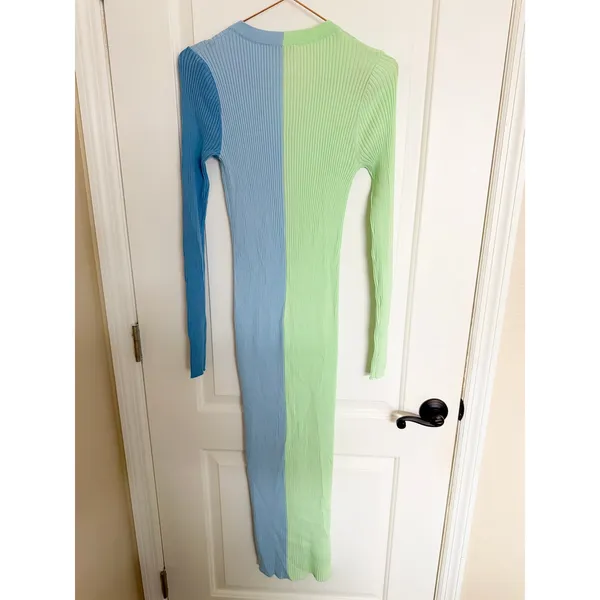 STAUD Sweater Dress Womens Shoko Size M Green Blue Ribbed Knit‎ Colorblock Midi - Image 12
