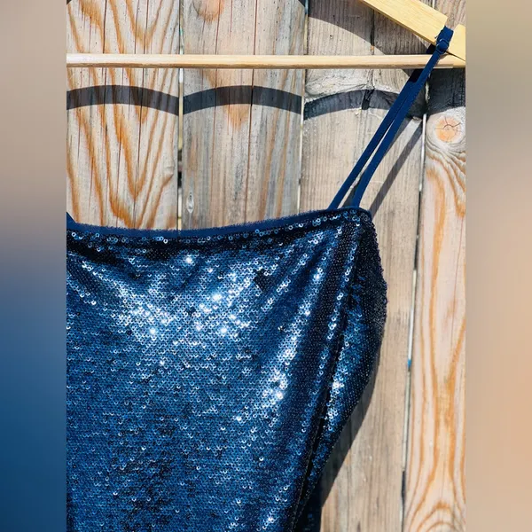 Free People Time to Shine Navy Blue Sequin Slip Dress - Image 4