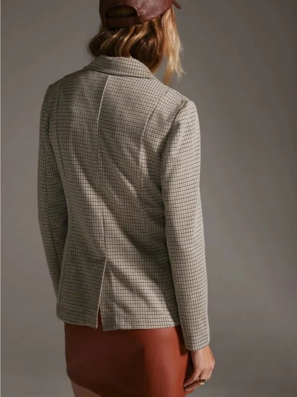 Maeve Anthropologie Collegiate‎ Knit Blazer Asymmetrical Check Brown Small NWT - Image 11