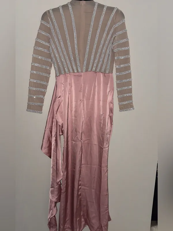 Pink Mesh Bodice Satin Skirt Evening Dress - Image 2