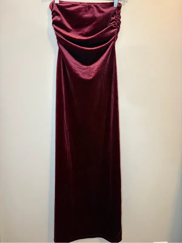 Wild Fable Burgundy Velvet Strapless Maxi Dress Slit XXS - Image 2