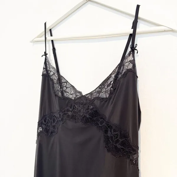 Victorias Secret Slip Dress Size M‎ Black Satin Lace Slit Mini Lingerie Coquette - Image 3