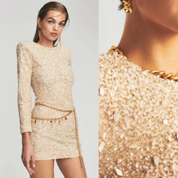 RETROFÊTE Nikki Sequin Long Sleeve Minidress in Sea Shell Size Small NWT‎ - Image 3