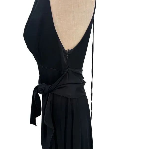 Free People Black Plunge Open Back‎ Maxi Dress Tie Waist High Slit Gown US 2 - Image 8