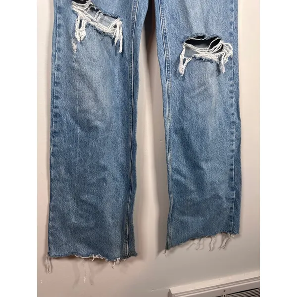 Zara Straight Leg Jeans Women Size 4 Blue Distressed Grunge Raw Hem High Rise - Image 2