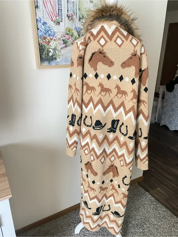 Show Me Your Mumu Babushka Sweater Cardigan Horse Giddy Up Fur Knit Duster - Image 8