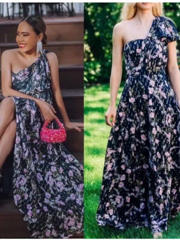 Shoshanna Navy One-Shoulder Floral Maxi Dress with Pink Blooms - Image 2