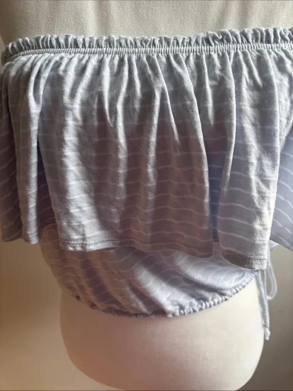 Abercrombie & Fitch Light Blue and White Striped Off-Shoulder Ruffle Crop Top - Image 2