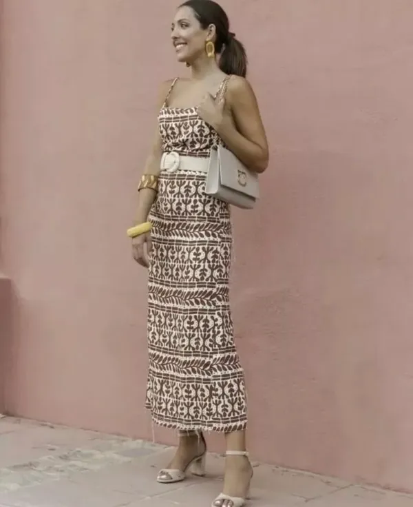 ZARA Brown Printed Linen Blend Dress - Image 4