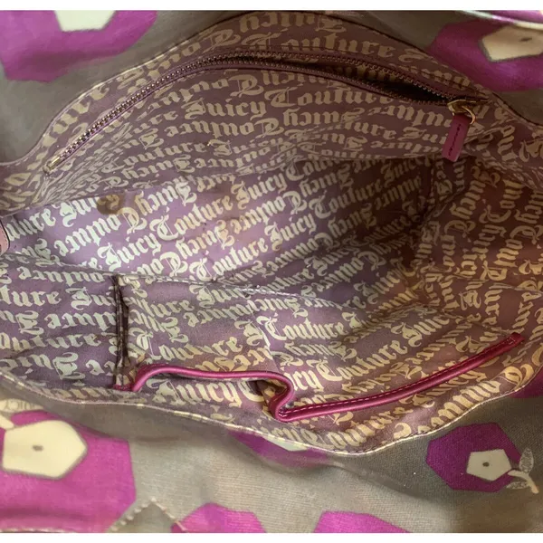 Juicy Couture Tote Vinyl Gray Purple White Flowers Bag Leather Trim - Image 11