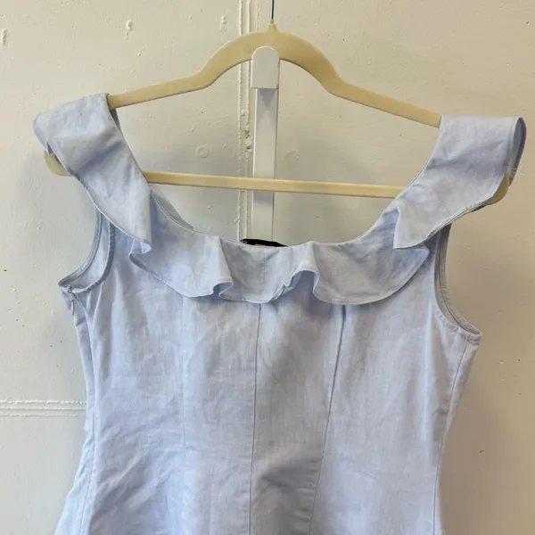 🍁 Lewit Linen Cotton Lace Up Ruffle Sleeveless Blouse Summer Boho Light Blue Sm - Image 5