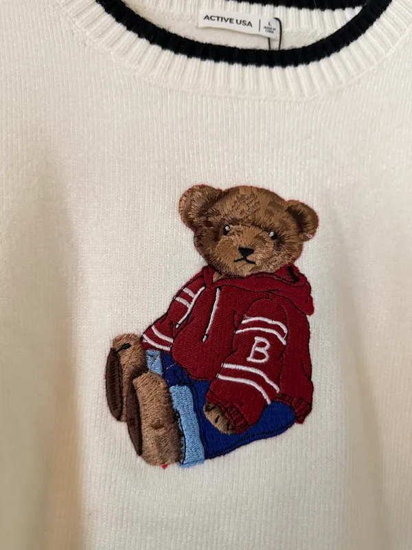 Active USA Cream Embroidered Bear Sweater - Image 3