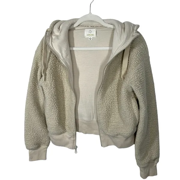 Aerie Offline Sherpa Teddy Jacket Oatmeal Cream Cropped Hoodie Small - Image 11