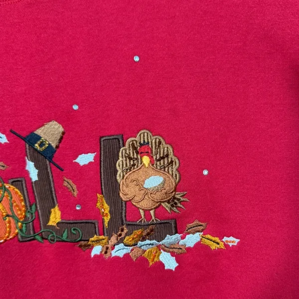 Quacker Factory Red Fall Thanksgiving Embroidered Sweatshirt Womens Medium - Image 4