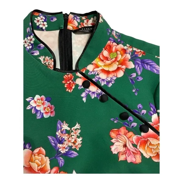 ZARA WOMAN Cheongsam Mini Dress Mandarin Collar Green Floral Size Small - Image 8