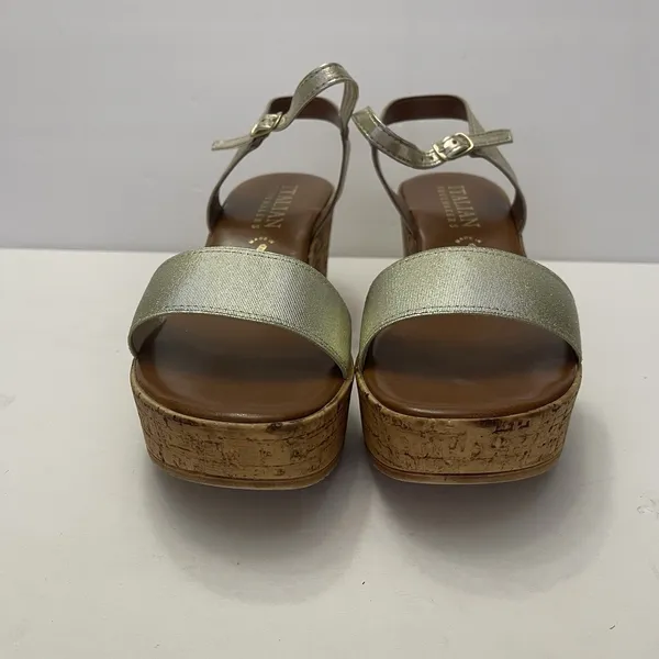 Italian Shoemakers Sandals Womens 8.5 Ankle Strap Gold Open‎ Toe Wedge Heels - Image 2