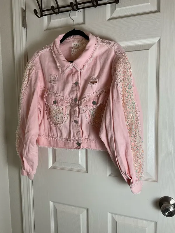 POL Pink Blush Denim Jacket with Sequin Lace Sleeves & Raw Hem - Sz L - Image 2