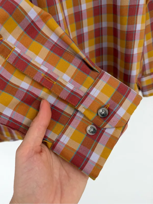 DULUTH TRADING CO Women's AKHG Midnight Sun Shirt Red Yellow Orange Plaid XL - Image 4
