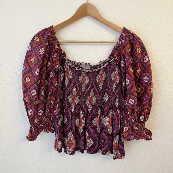 Conditions Apply Smocked Puff Sleeve Top Small Boho‎ Geometric Peplum Peasant - Image 4