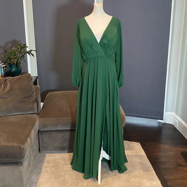 Women’s Green Chiffon Full Length Long Sleeve Dress Corset Back Leg Slit Size 12 - Image 8