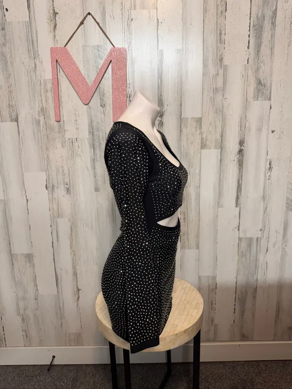 HOT & DELICIOUS Black Rhinestone Cutout Long Sleeve Mini Dress Womens Medium - Image 6