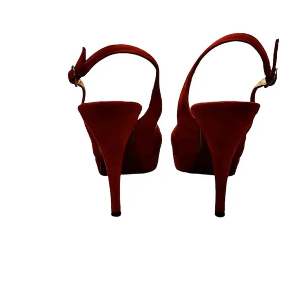 Burgundy Red Pleated Suede Peep Toe Platform Slingback Pumps 8M - Image 4