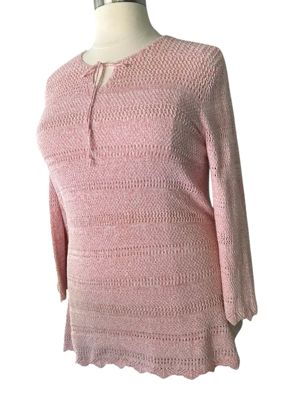 Denim & Company Light Pink Knit Tie-Neck Pointelle Sweater Size Large - Image 3