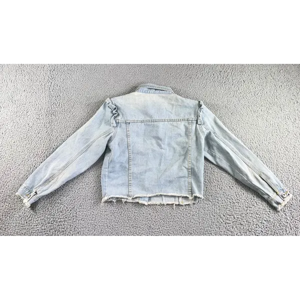 Ruffle Shoulder Denim Jacket Women S Light Wash‎ Raw Hem Cropped Western Spring - Image 3