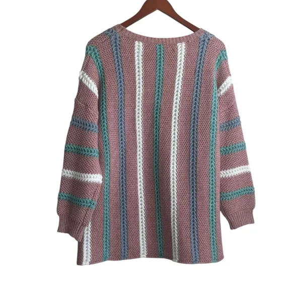 Davi & Dani Women Cozy Tunic Sweater Large Rose Striped Chunky Knit Boutique‎ - Image 2