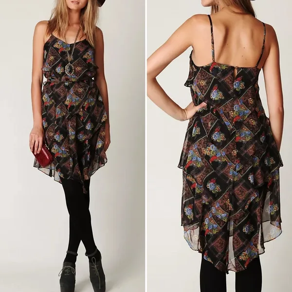 Free People Dress SZ 6 Daisy Chain Floral Plaid Chiffon Tiered Ruffle Sheer Boho - Image 2