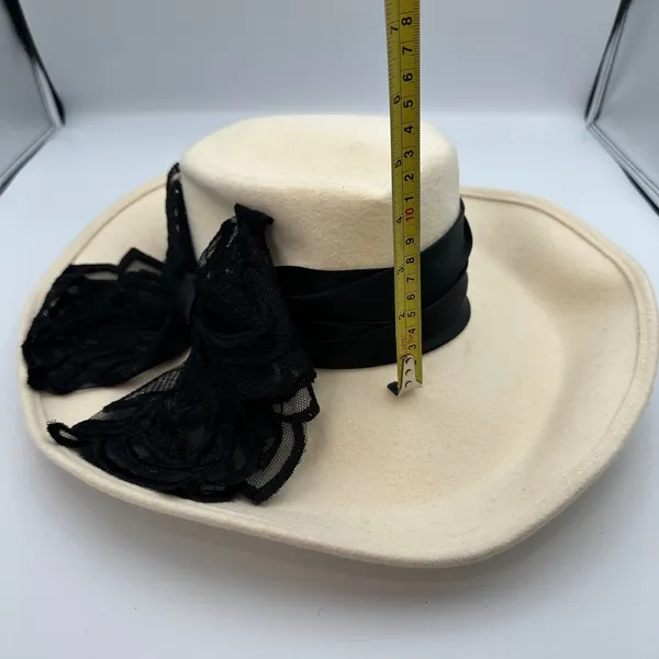 Vintage Joe Bill Miller Wool‎ Hat Cream Black Lace Bow Derby Dress Hats Made USA - Image 10