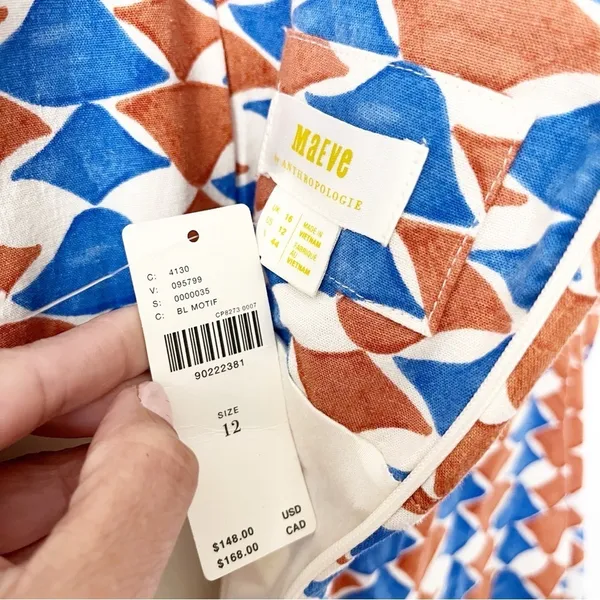 Anthropologie Maeve Ophelia Linen Blend Blue Multi Square Neck Geometric Mini Dress - Image 10