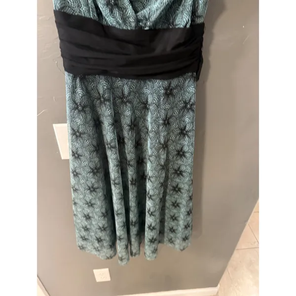 London Times Teal Black Geometric Print Cocktail‎ Dress Ruched Waist Tie 10 - Image 5