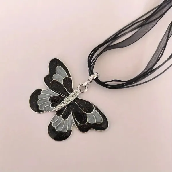 Women's Colorful Butterfly Inlaid Zircon Pendant Ribbon Charm Necklace Black - Image 2