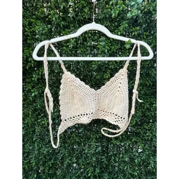 Handmade Crochet Bralette Top Cream Boho Festival One Size XS S Ivory Tie Back‎ - Image 3