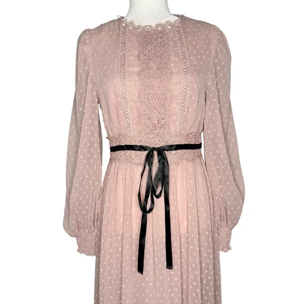 Prairie Dress Maxi S‎ Lace Swiss Dot Ribbon Cottage Romantic Sheer Bishop Sleeve - Image 2